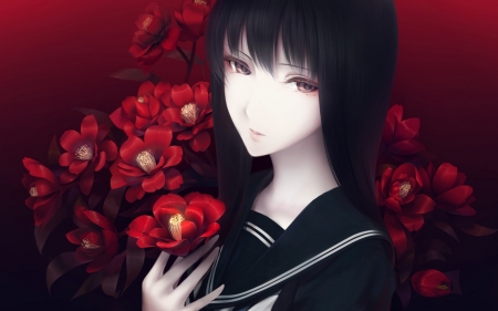 :-) - red, flower, black, camelia, anime, girl, manga