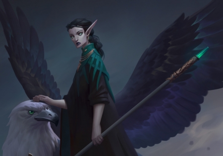 Elf and eagle - elf, girl, eagle, wings, terri wei, fantasy, bird