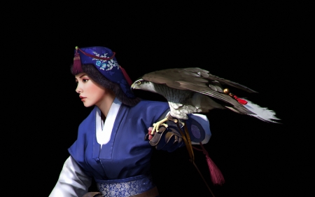 Girl with hawk - bird, joseon dynasty, choong yeol lee, blue, girl, frumusete, black, pasari, fantasy, white, hawk, luminos