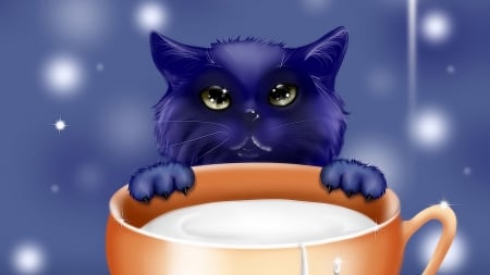 :-) - paw, milk, cat, pisici, larisa koshkina, fantasy, cup, blue, orange