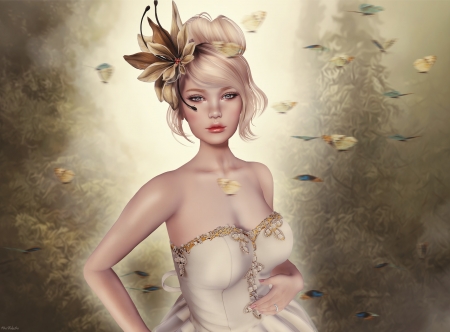 Beauty - autumn, rendering, girl, luminos, leaf, fantasy, blonde