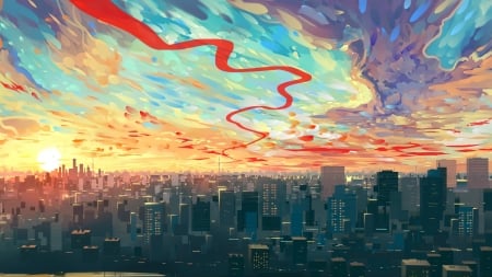 Sunset - hangmoon, sunset, fantasy, wind, art, blue, luminos, red, orange, city, ribbon