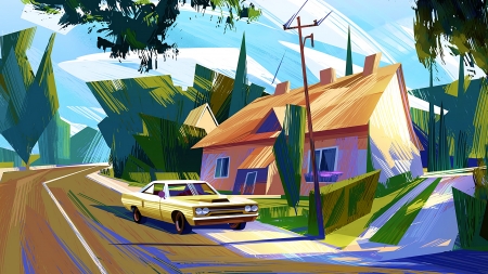 :-) - house, jithin puthenpurakkal, fantasy, retro, car, green, orange, art