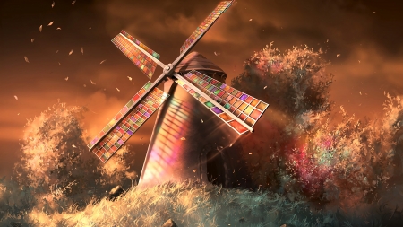 Windmill - pink, wind, mill, art, brown, rainbow, fantasy, orange, aquasixio, luminos