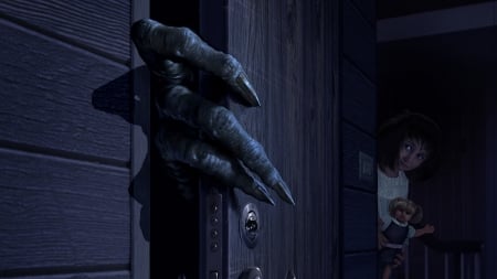 :D - girl, doll, dark, monster, black, fantasy, door, hand, alien