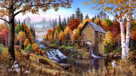 Painting - cottage, painting, tree, river