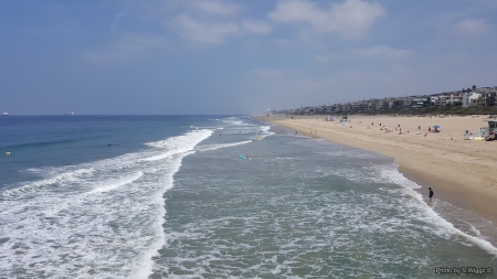 Drone View Manhattan Beach - sky, beach, california, clouds, water, sand, manhattan, waves