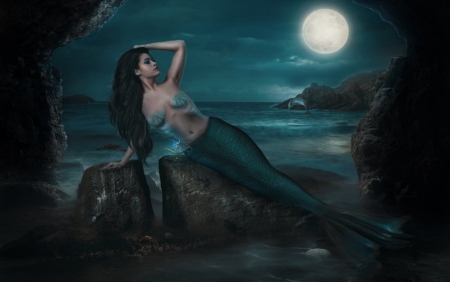 UNDER THE MOON - MOON, SKY, FEMALE, MERMAID, OCEAN, NIGHT