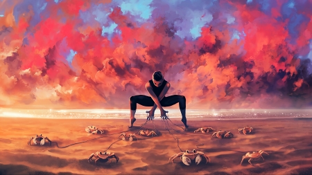 Dancing Zodiac ~ Cancer - blue, cyril rolando, orange, man, fantasy, aquasixio, crab, cancer, dancing zodiac, zodiac, art, luminos