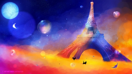 Eiffel Tower - eiffel tower, bubbles, cat, pisici, blue, france, swan, paris, fantasy, orange, sky neko, luminos