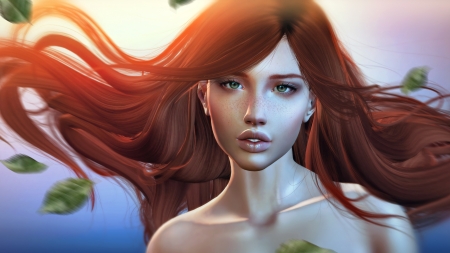 Redhead - fantasy, redhead, autumn, rendering, girl, face, leaf, luminos