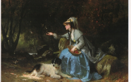 The Lady with berries - hat, compte, blue, berry, girl, dog, forest, basket, lady, painting, woman, calix, art