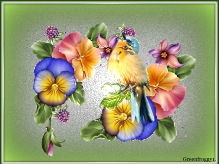 PANSIES WITH BIRD - image, pretty, bird, pansies