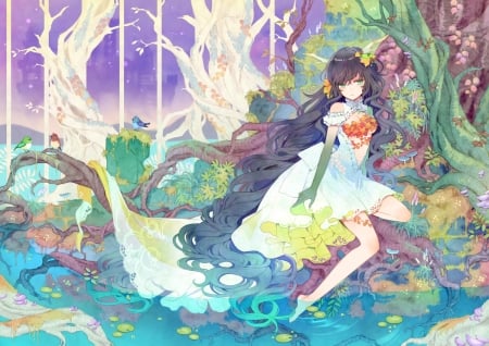 Summer - flower, forest, water, tree, anime, girl, blue, manga