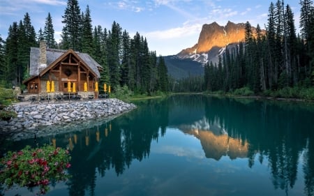 House by Lake - calm, house, trees, lake, mountains, reflection