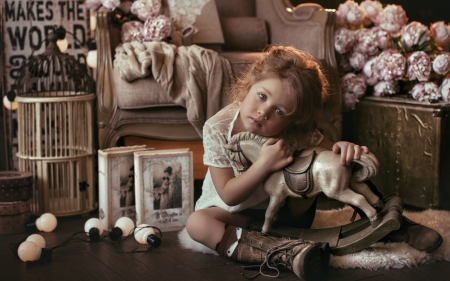 Little Girl with Toy Horse - girl, room, little, horse, toy