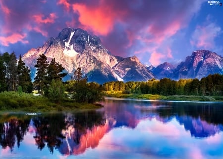 Lovely Mountain Reflection - sky, mountains, trees, water