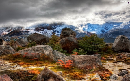 Clouds Over Mountains - clouds, trees, mountains, rocks