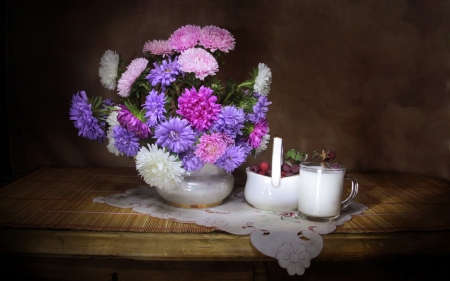 Still life - bouquet, respberries, milk, asters