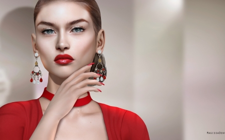 Beauty - fantasy, hand, magissadenver, red, rendering, girl, face