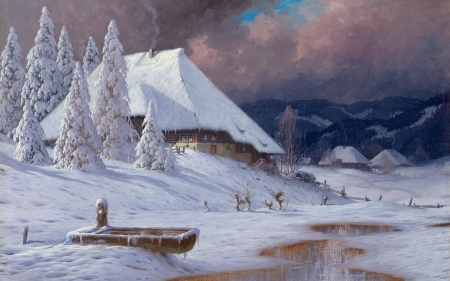 Winter landscape with thunderstorm - landscape, iarna, winter, thunderstorm, painting, art, cloud, karl hauptmann, house, boat