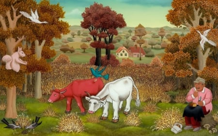 Landscape with farmer and cows - cow, landscape, squirrel, ivan generalic, white, painting, art, man, pink, tree