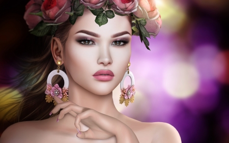 Beauty - bokeh, girl, flower, pink, jewel, fantasy, hand, magissadenver, rendering, face