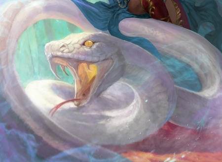 Giant white snake - giant, fantasy, white, yellow, snake, sarpe, art, luminos