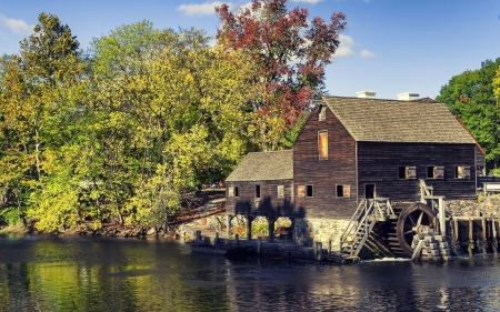 Watermill - river, watermill, trees, wooden