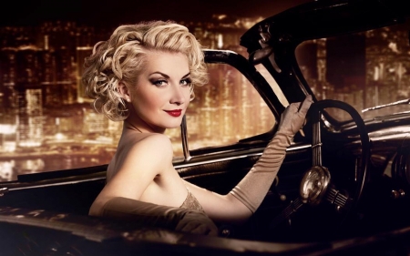 Elegant Lady in Her Car - woman, lady, car, vintage, eyes, photograph, blonde