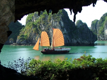 Sailboat - mountains, cool, boat, river