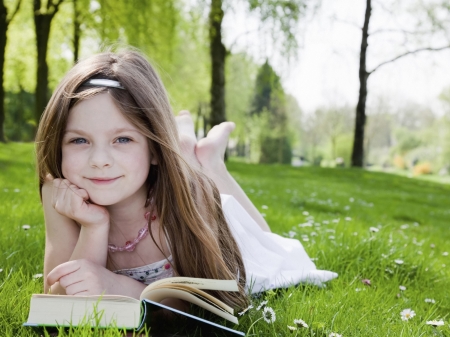 Little Girl - girl, green, smile, book, grass