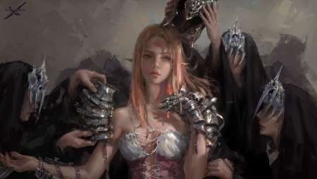 Triumph - armor, elf, fantasy, wlop, girl, art, pink, luminos