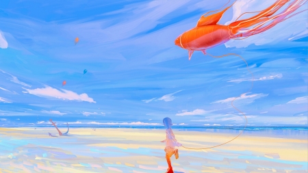 :-) - hangmoon, summer, beach, sea, copil, orange, child, fantasy, kite, cloud, fish, vara, luminos