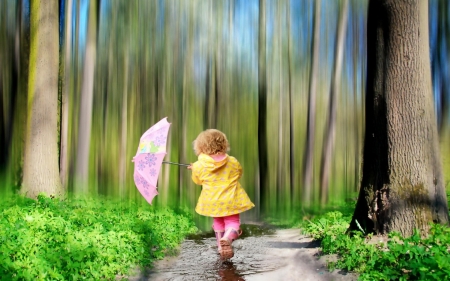 :-) - little girl, yellow, forest, pink, copil, child, tree, umbrella, green