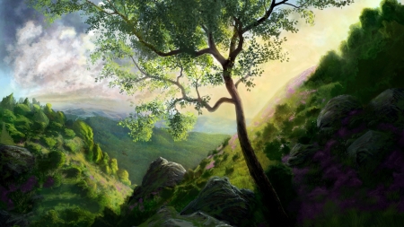 Landscape - art, mountain, luminos, green, tree, fantasy