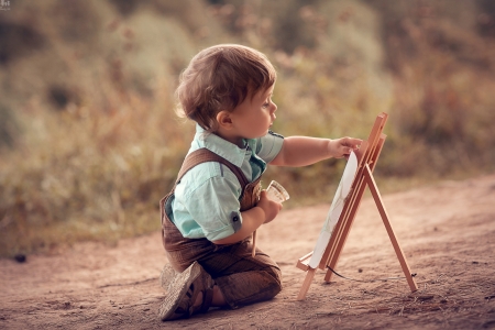 Little boy - kid, summer, child, baby, draw, boy, green, tree, sit, little