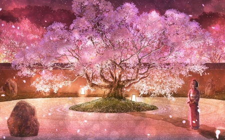 Spring tree - anime, sakura, girl, spring, kimono, pink, tree, manga, lights, luminos