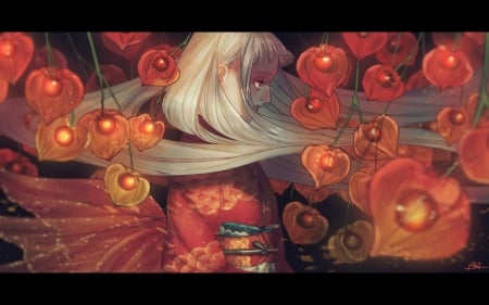 :-) - realistic, girl, lantern, red, anime, black, flower, manga