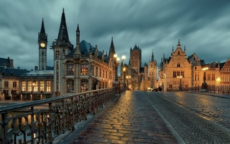 Ghent, Belgium - houses, evening, belgium, ghent, dusk, bridge, lights