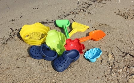 Toys on the Beach - sand, beach, childhood, colors, toys