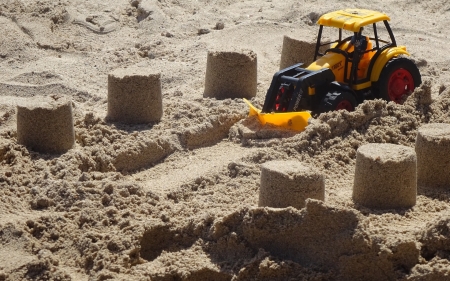 Toy Excavator in Sand - tractor, childhood, toys, excavator, sand