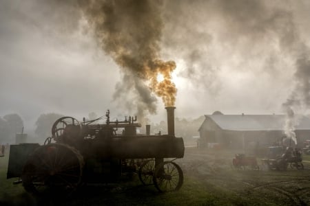 Steam Powered Tractor at Sunrise - usa, sunrise, steam, tractor