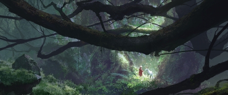 :-) - art, su jian, girl, forest, luminos, deer, fantasy