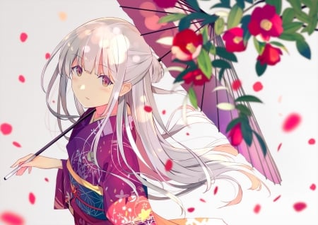 Girl - anime, girl, sutorora, flower, petals, manga, wind, white, umbrella, parasol, red