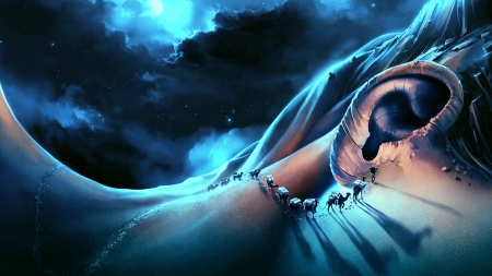 Camelcade - pink, girl, blue, art, fantasy, ear, aquasixio, luminos, camel