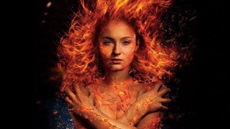 Dark Phoenix - comics, Sophie Turner, girl, orange, actress, black, fantasy, fire, dark phoenix, jean grey, x men, luminos