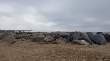 Port Hueneme Beach (Pier in the background) - sky, beach, california, water, rocks, port, pier, clouds, hueneme