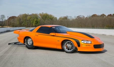 2002 Twin Turbo Camaro - orange, wheelie bars, bowtie, gm