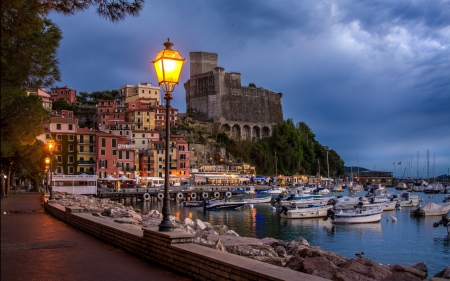 Evening Promenade - boats, promenade, town, lights, lanterns, harbor, dusk